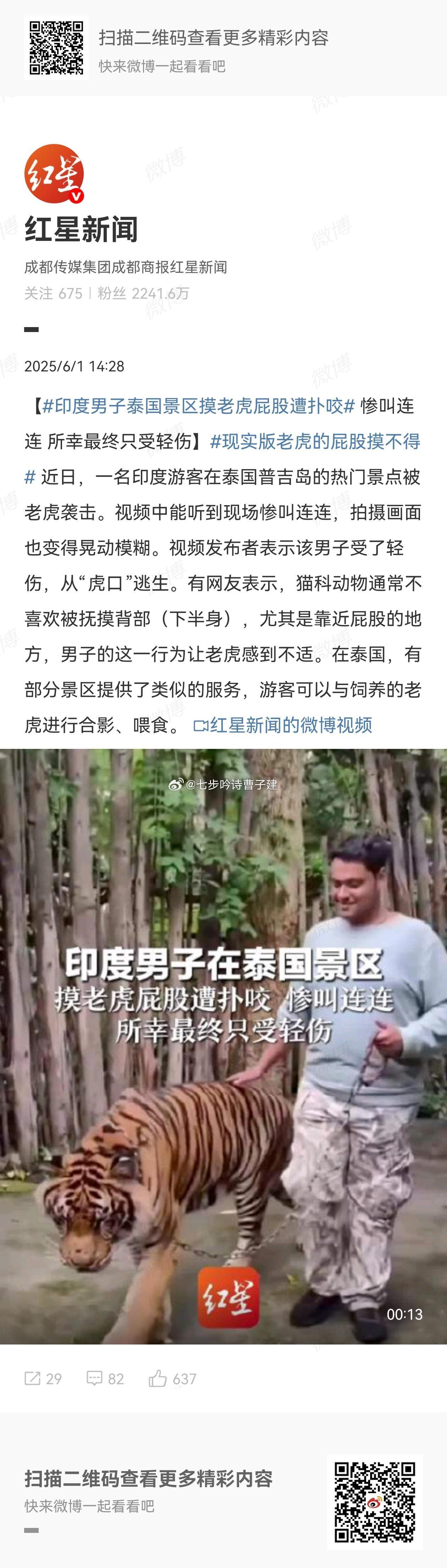 印度男子泰国景区摸老虎屁股遭扑咬🐯：我的屁股摸不得你不知道吗？我可不想当三嫂 