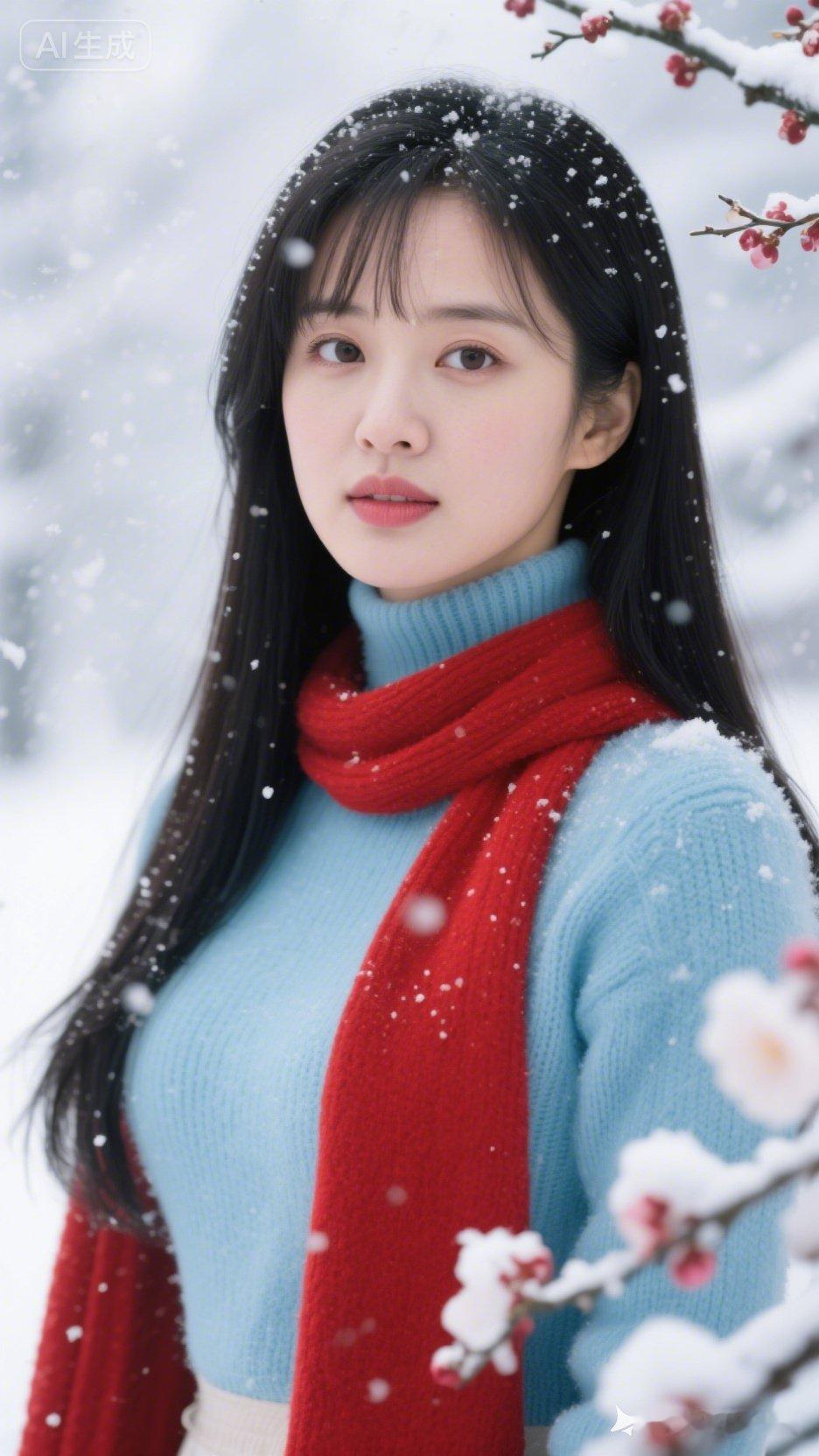 冬日雪景中的红衣少女，温暖与寒意交织的瞬间。