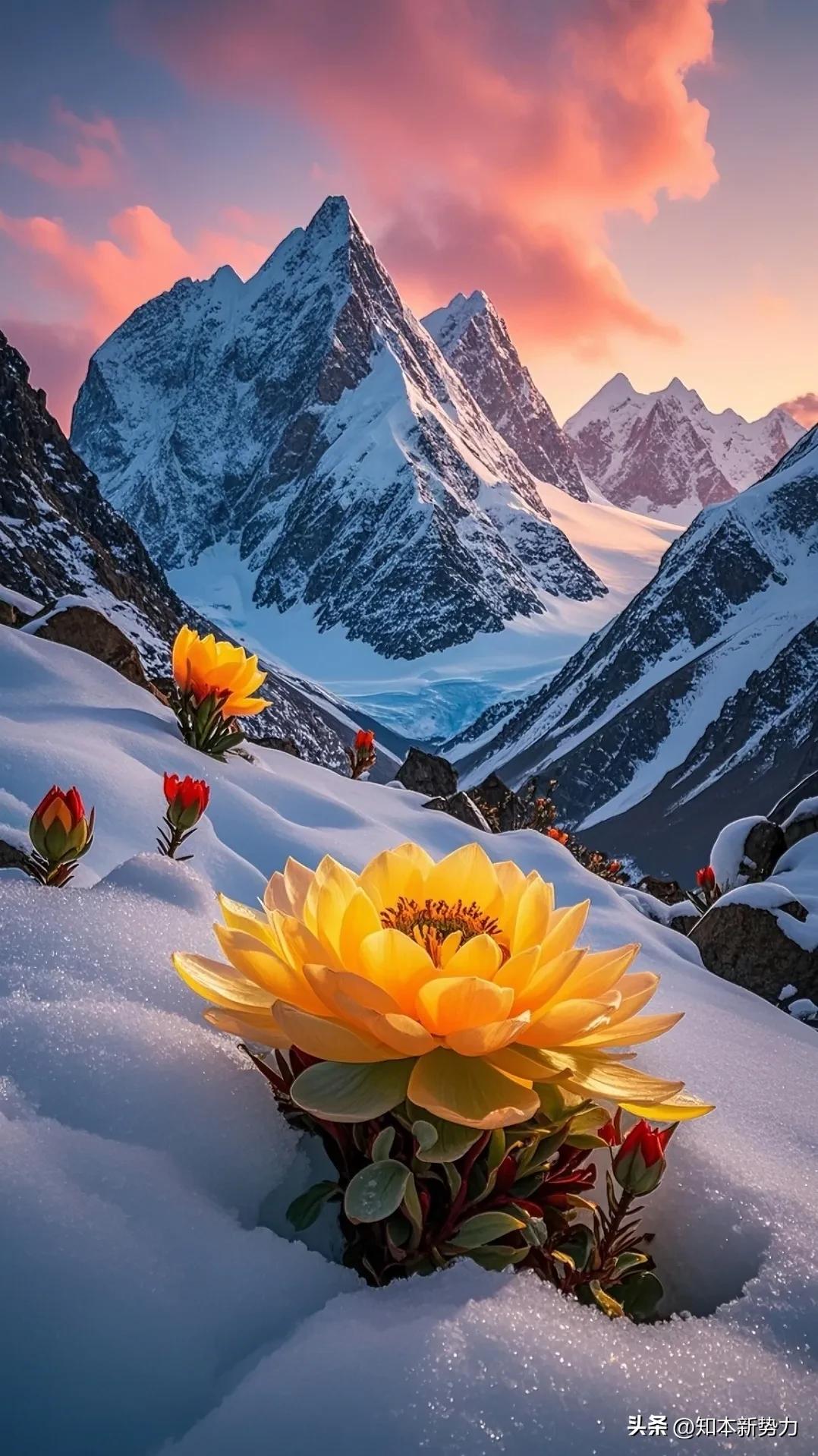 雪后花开，霞光万道。