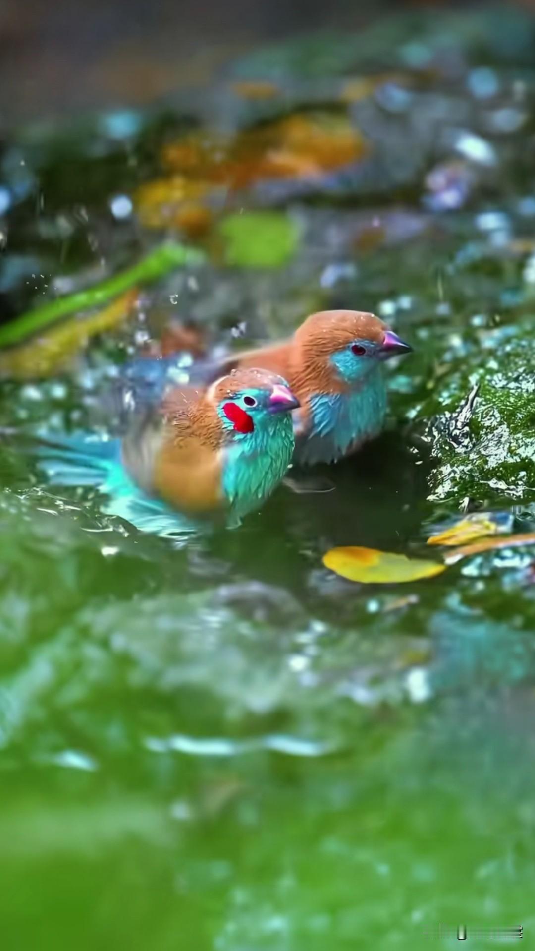 碧水映双影，红羽舞清波。