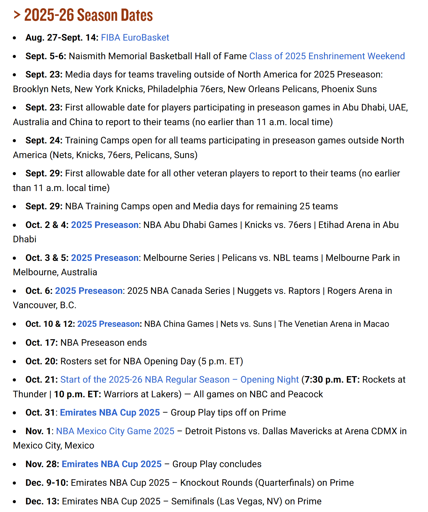 NBA官方公布新赛季重要时间节点：8月28日-9月15日：男篮欧锦赛9月6日-7