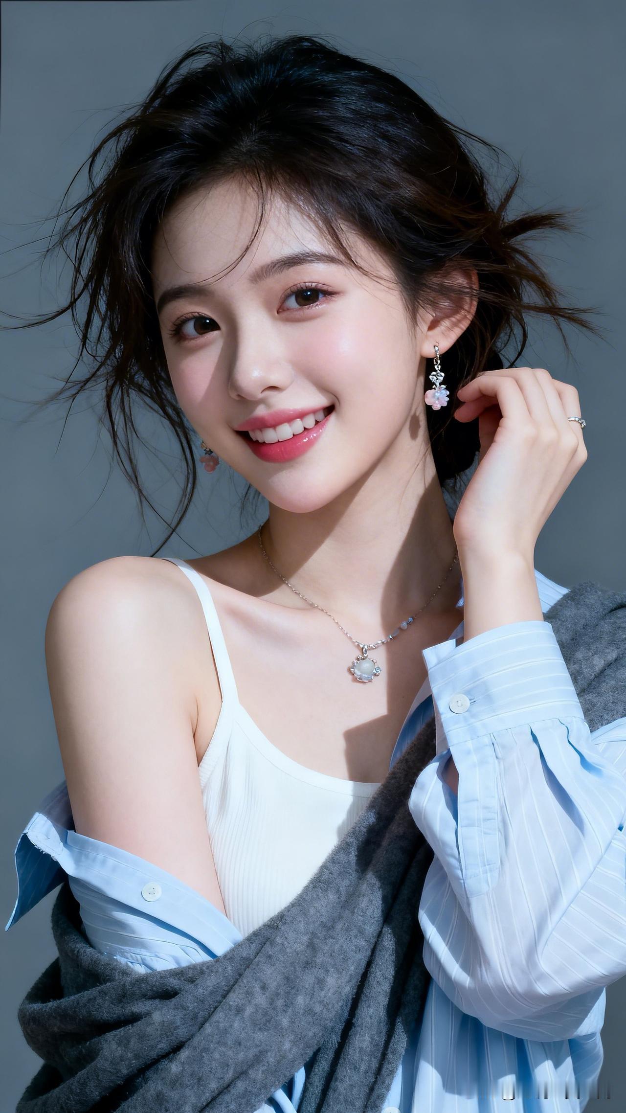 甜美少女风，温柔笑容，粉色耳饰，清新自然。寻找镜头的美