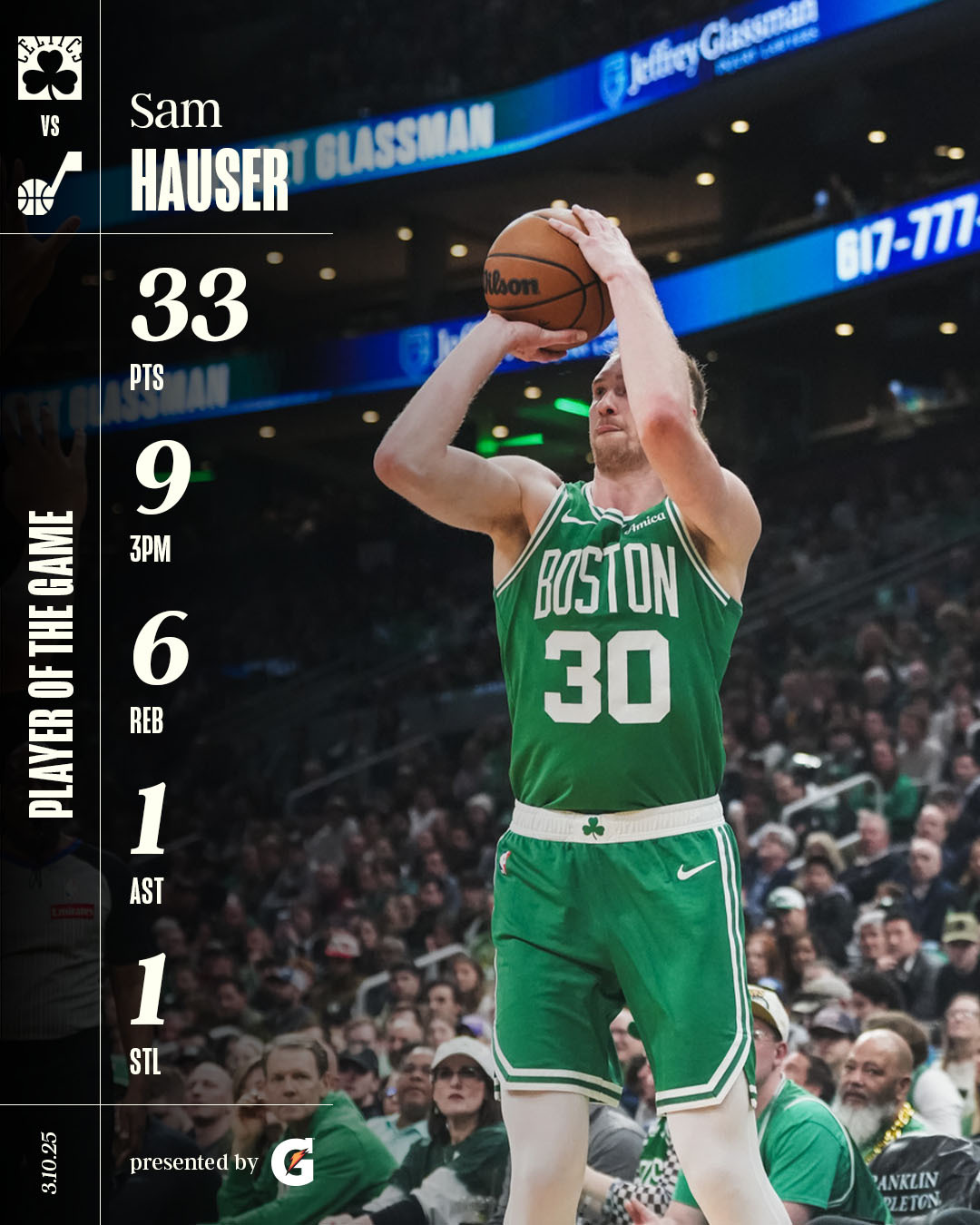 凯尔特人国度 Player Of The Game : Sam Hauser ☘