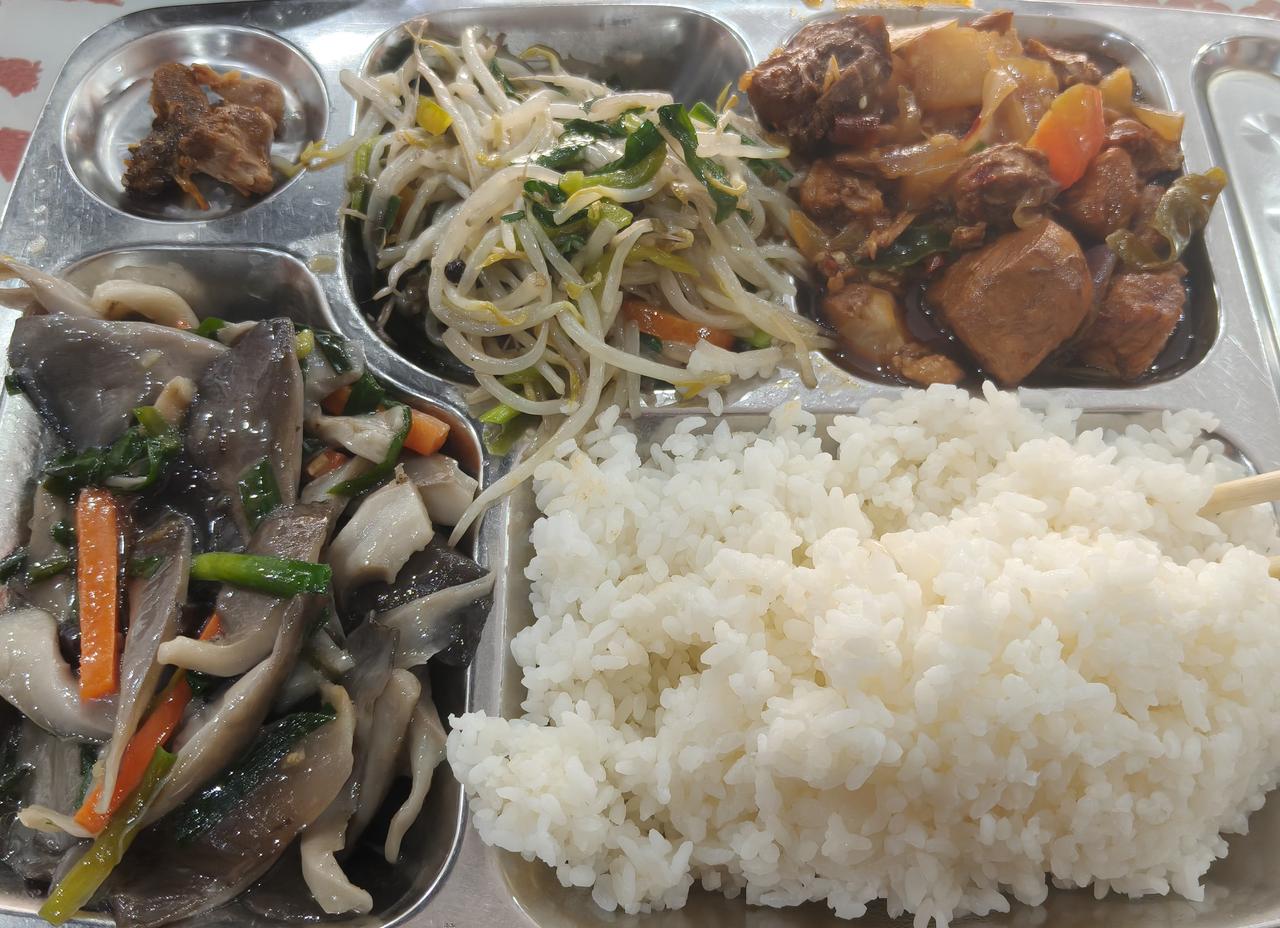 十块钱，一荤两素，不锈钢餐盘，吃着吃着我想明白了一件事。
先说这顿饭。平菇炒木耳