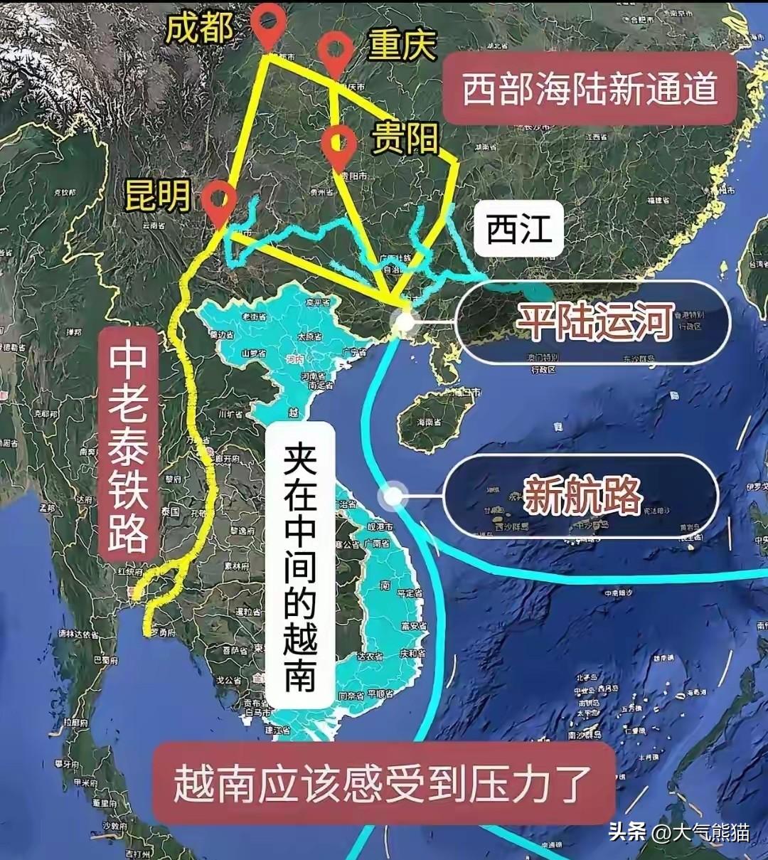 看下面这幅图，两条大通道一左一右，无论换成谁都不会好受！
中南半岛现在有两条重量
