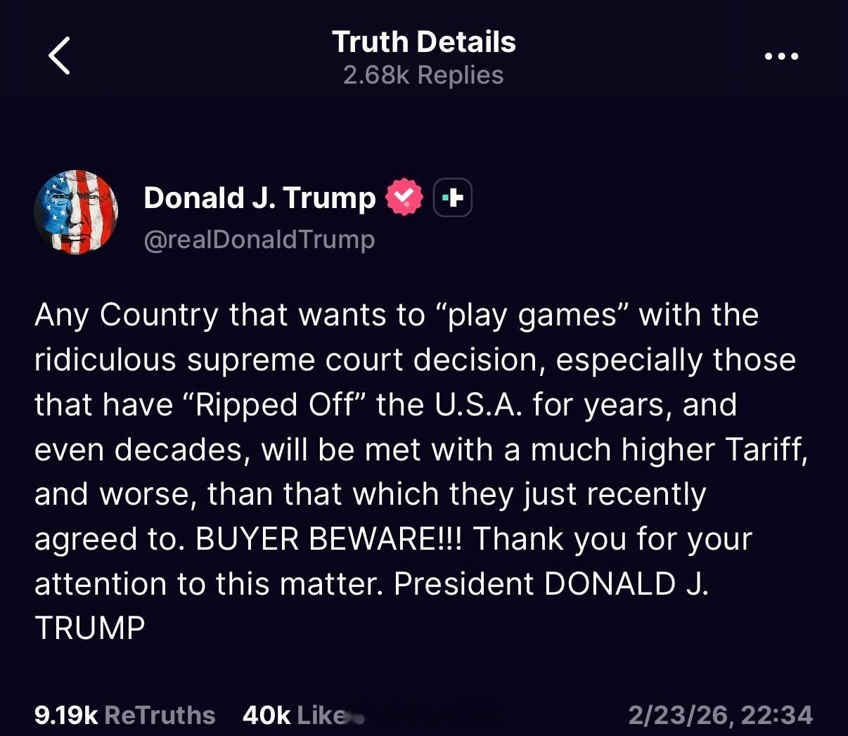 特朗普表示，一些国家别乐，后面有你哭的任何想要拿荒唐的最高法院裁决“做文章”的国