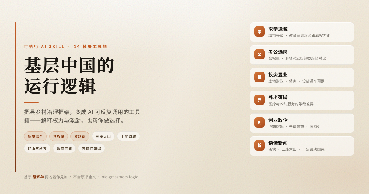这个项目，把老师写的《基层中国的运行逻辑》这本书总结成了一个skill地址：gi