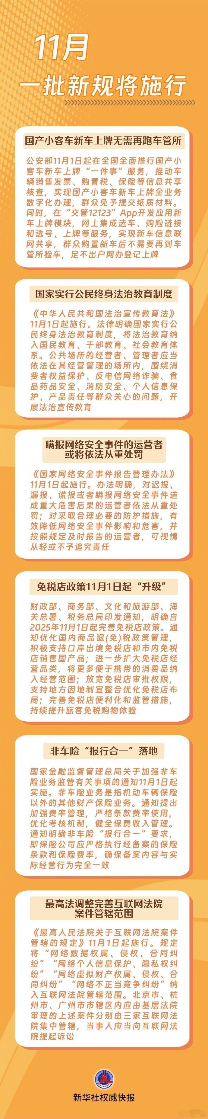 【11月一批新规将施行】无需再跑车管所，国产小客车新车上牌全业务数字化办理；明确