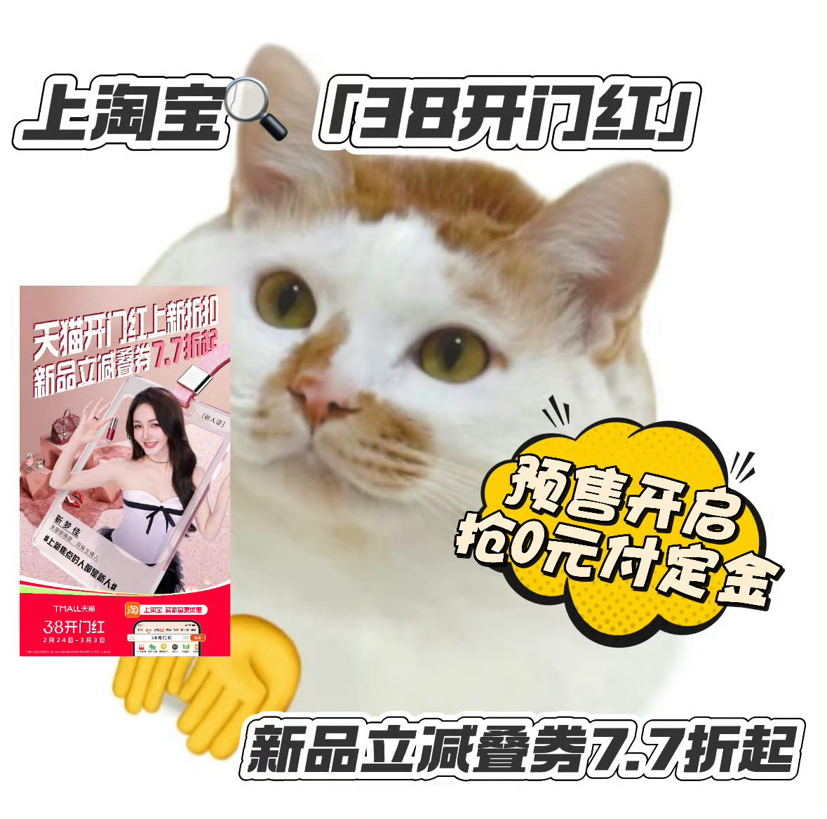 天猫38迎新而上 2月24日至3月3日，上淘宝搜索38开门红，新品可享立减与叠券