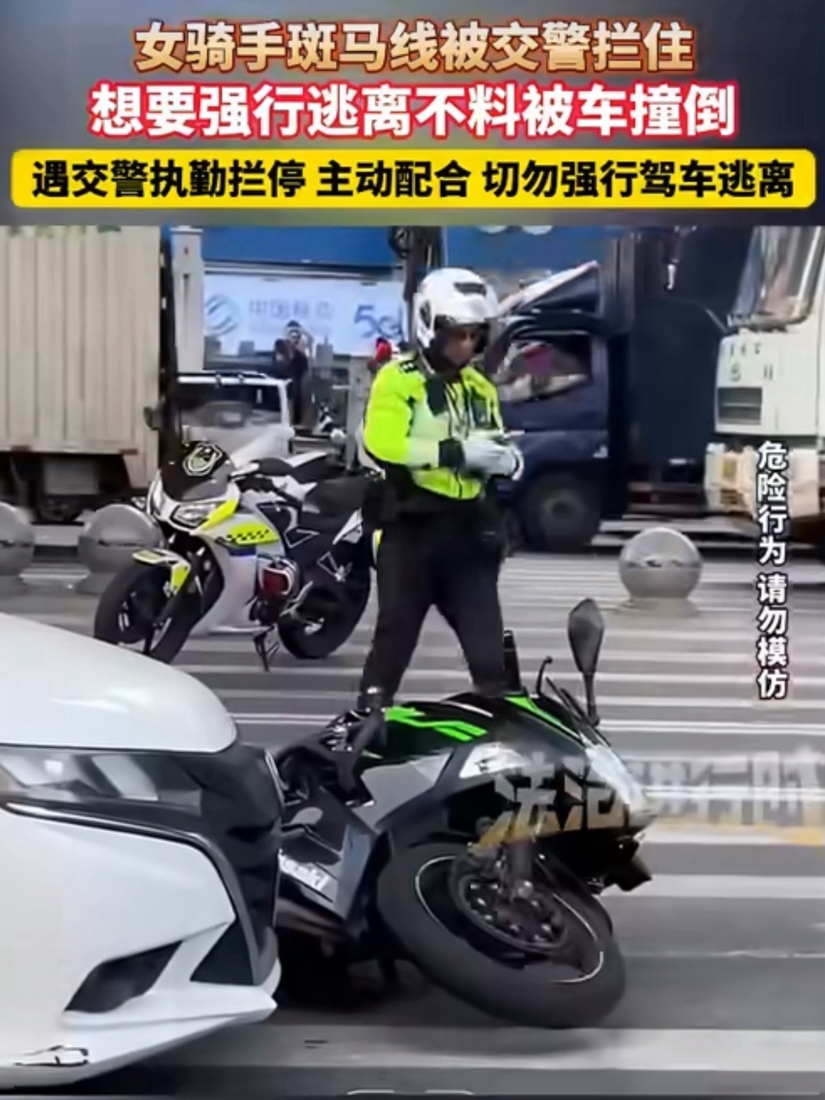 女骑手遇交警拦停强行逃离被撞这下跑不了了吧，建议给白车申请见义勇为 ​​​