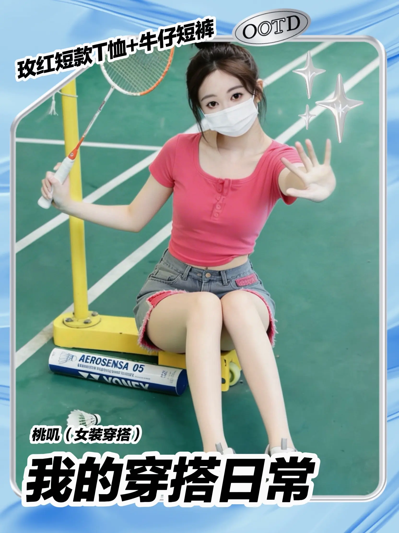 运动甜妹上线！玫红短款T恤+牛仔短裤。别问我为什么打羽毛球，毕竟我挥拍...