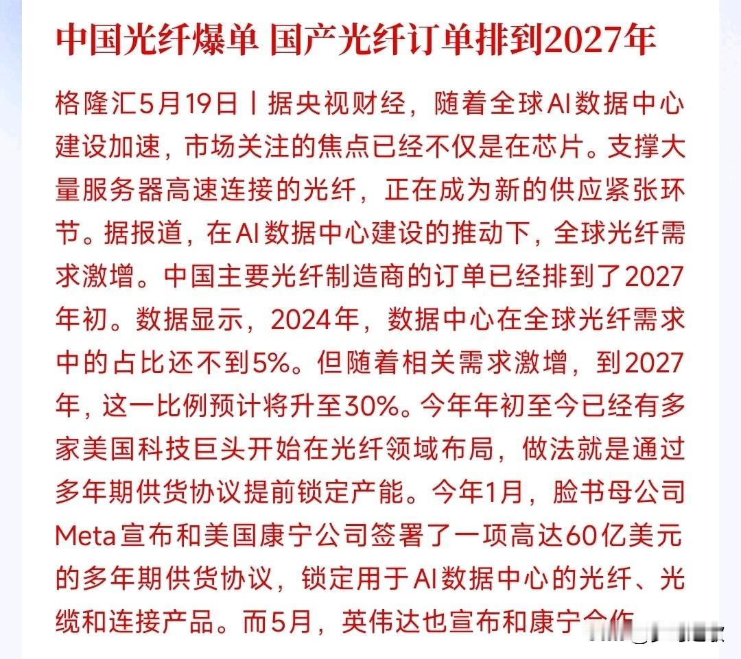 中国光纤又爆了，订单供不应求，光纤概念迎来爆发
AI爆火，全球疯狂建数据中心，光