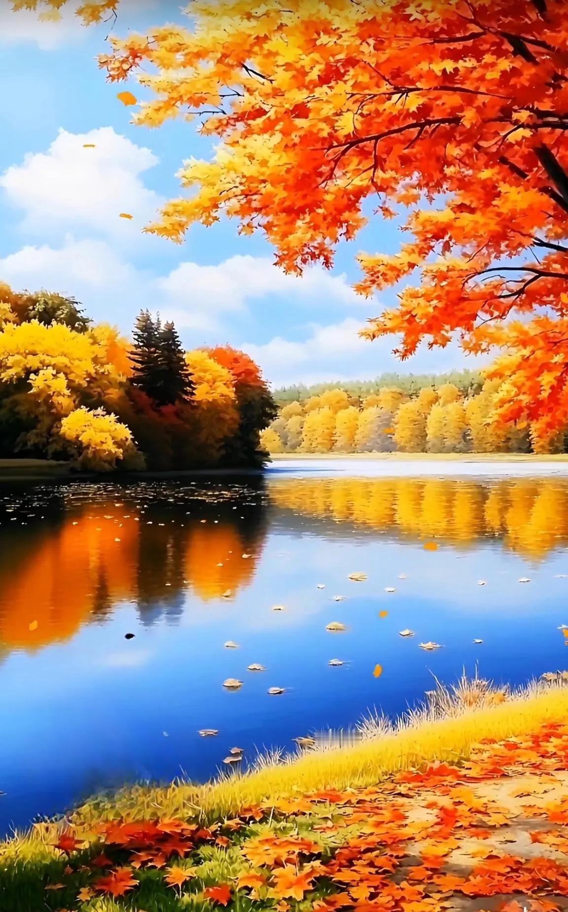 秋天的枫叶，如诗如画，令人陶醉。在微风中轻轻摇曳，它们像火焰般燃烧，将秋日染成一