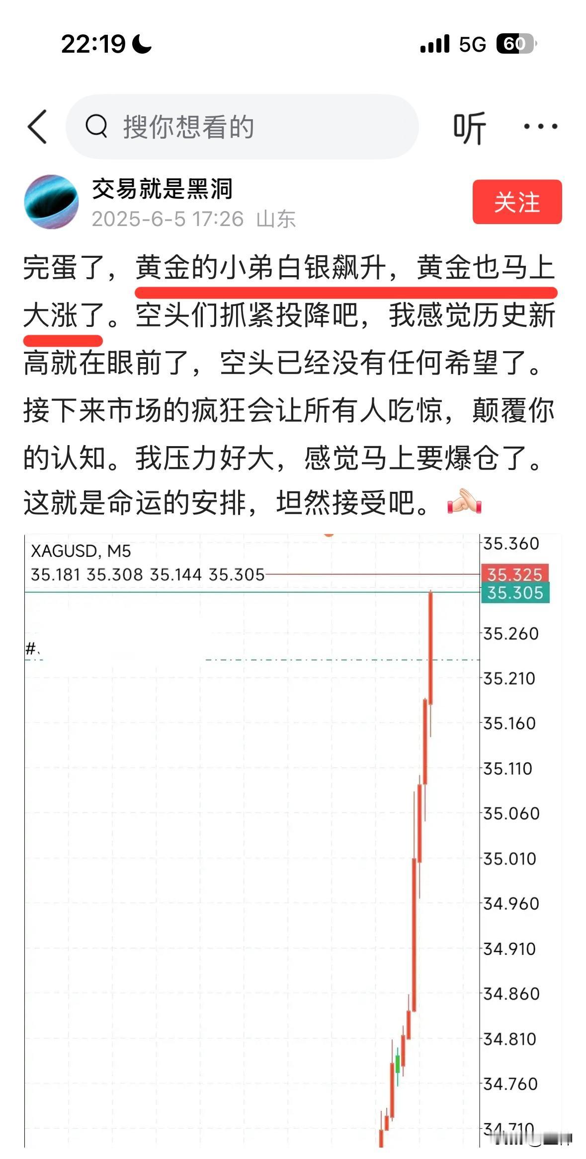 洞哥觉得黄金要暴涨了，此刻我又产生了想要满仓做空黄金的念头了。一方面因为我对黄金