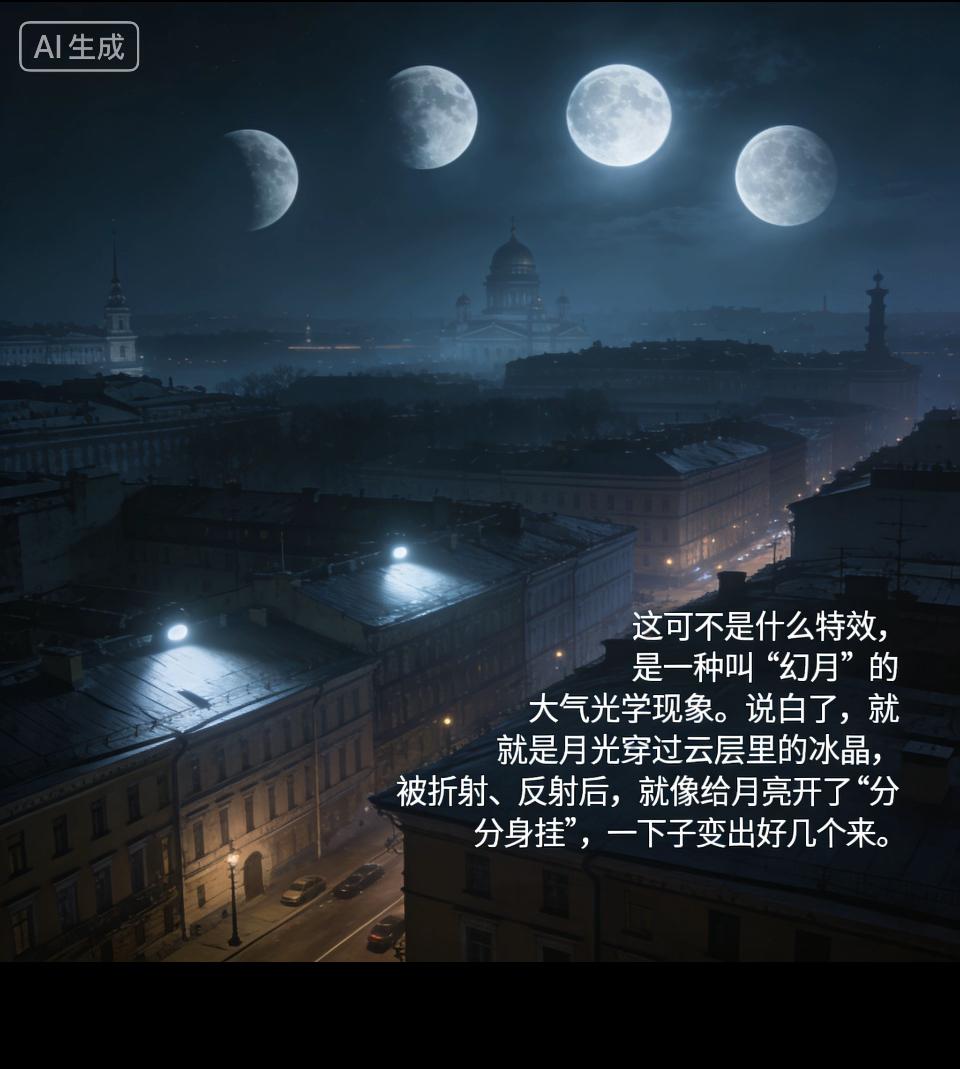 梦幻月影，幻月奇观，城市夜景下的奇幻景象月光如纱，轻柔地洒在城市的高楼大厦之上，