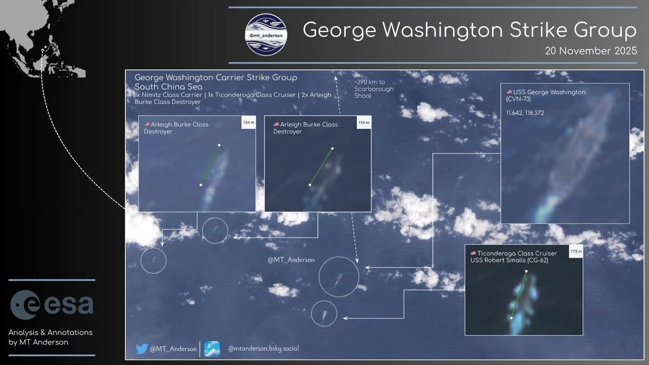 外网卫星图片显示：11月20日，美国海军华盛顿号航母编队位于巴拉望岛以西、黄岩岛