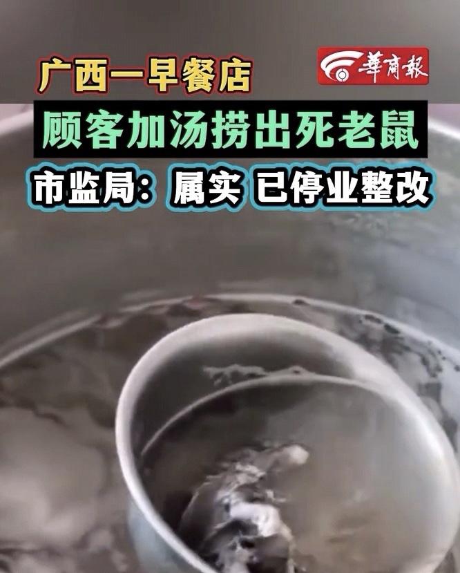 广西百色一家早餐店出了件让人恶心又愤怒的事儿。有顾客在店里加汤的时候，居然从汤锅