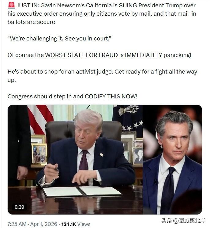 📢 突发消息：Gavin Newsom领导的加州就川普总统关于仅允许公民邮寄投