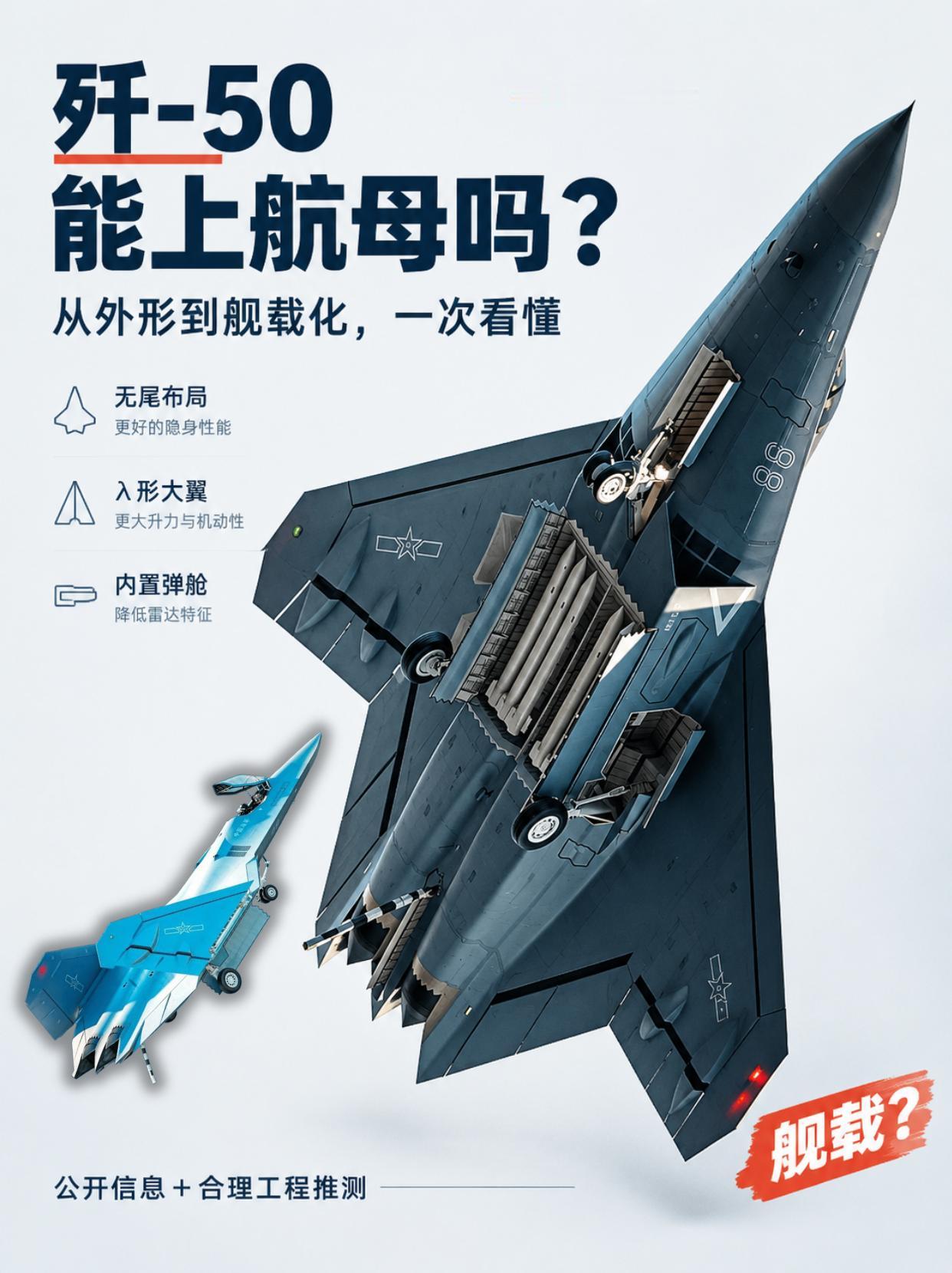 双发中型、无尾大翼，歼-50适合上舰载机？
尺寸合适，气动有潜力，但能不能上舰还