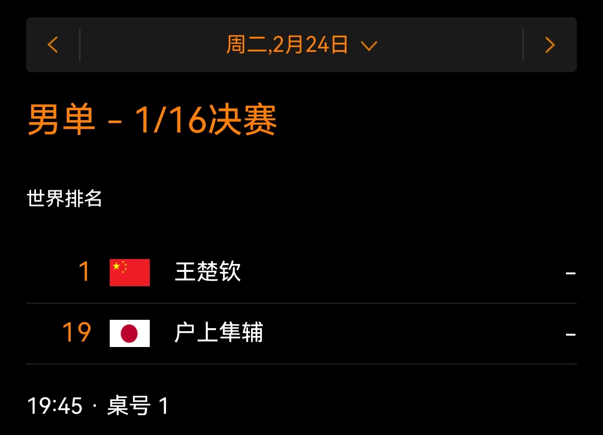 王楚钦 男单1/16决赛 2月24日 19:45 T1王楚钦🇨🇳VS户上隼辅