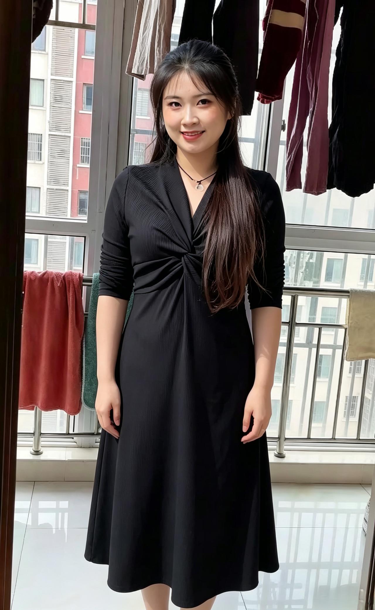 一袭玄裙绾素腰，清眸笑靥胜春潮。
青丝漫绾风前立，不借胭脂亦妖娆。