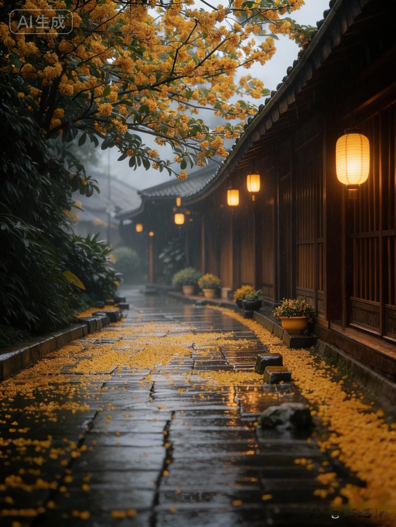 烟雨古巷
烟雨笼深巷，青阶覆碎金。
灯摇檐下影，香漫雨中襟。
木牖凝秋意，寒枝落