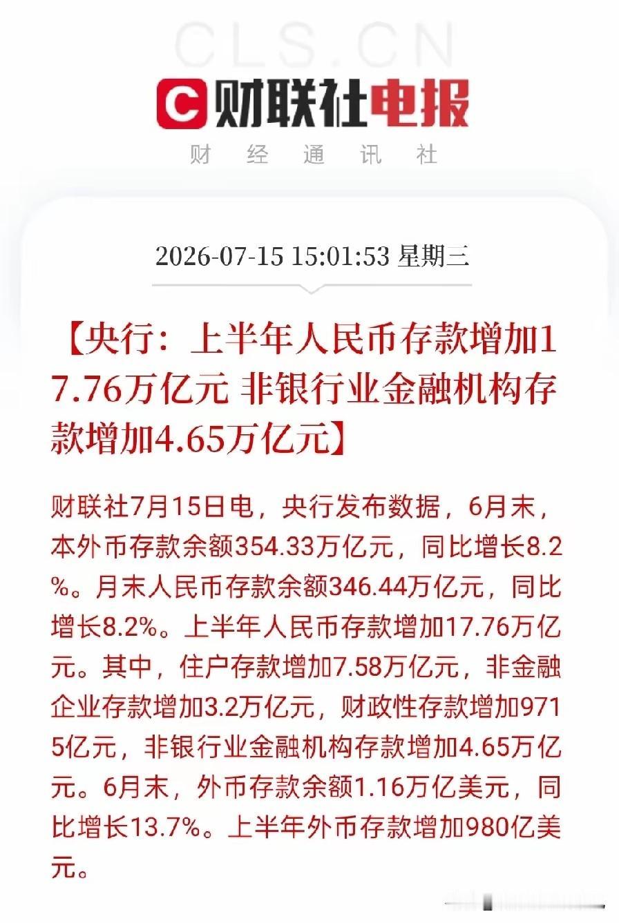 央行最新数据显示，上半年人民币存款合计增加17.76万亿元，资金整体呈现明显的避