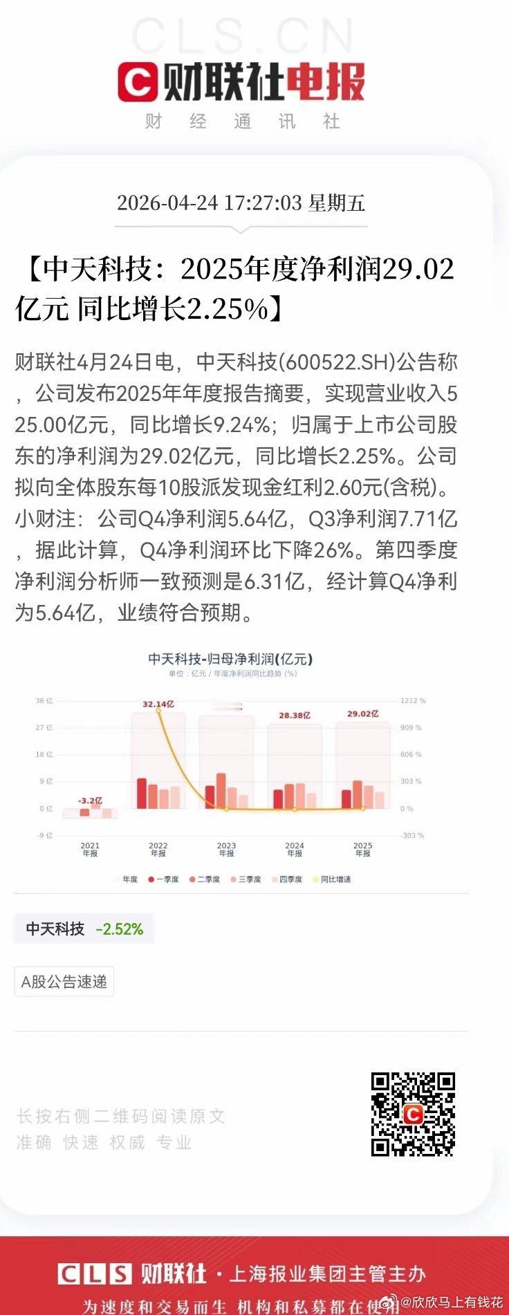 超级大利空，我的中天科技下周是不是要凉凉了？刚刚光纤股中天科技发布了25年财报和