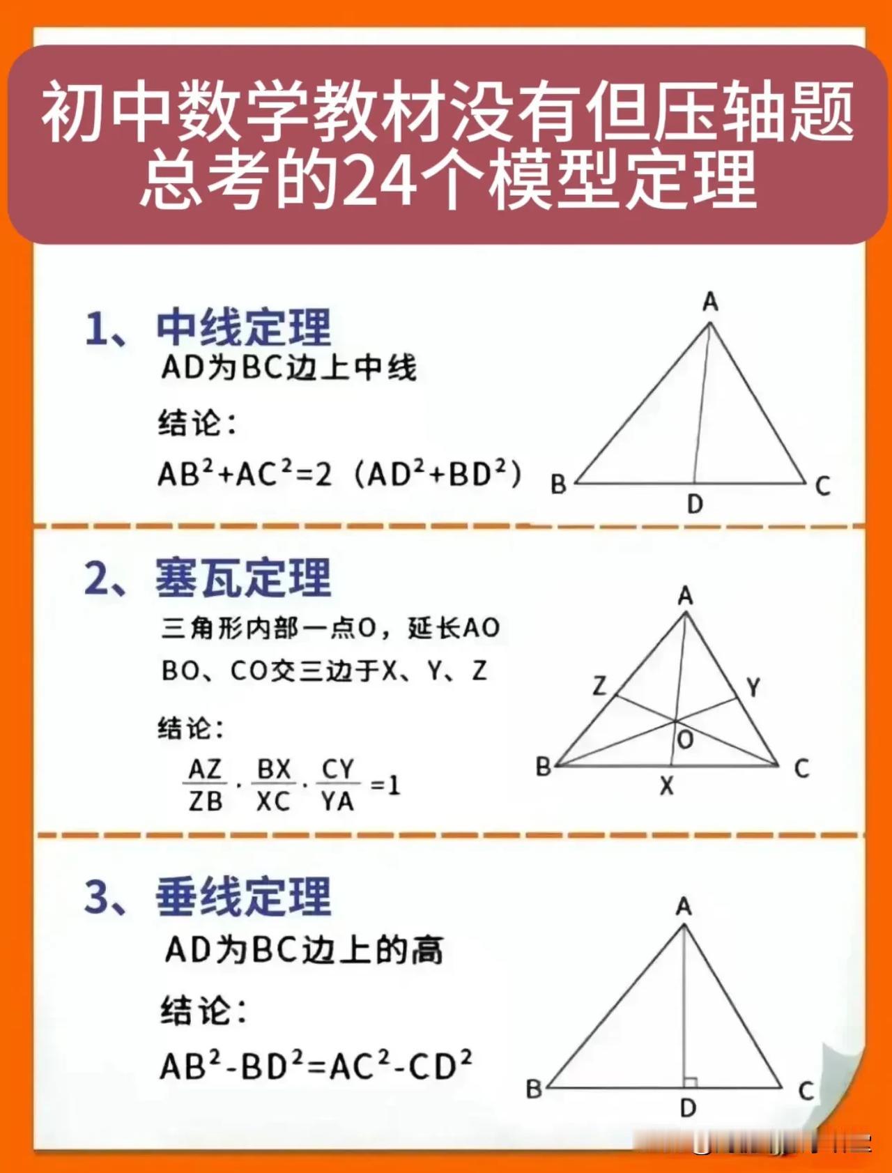 初中数学教材没有但压轴题
总考的24个模型定理