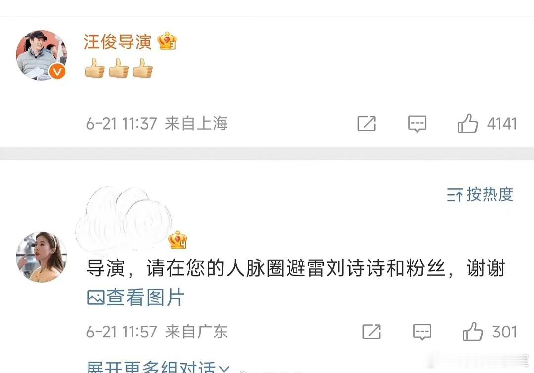 刘亦菲影迷让汪俊导演壁雷刘诗诗，已经是高赞了 ​​​