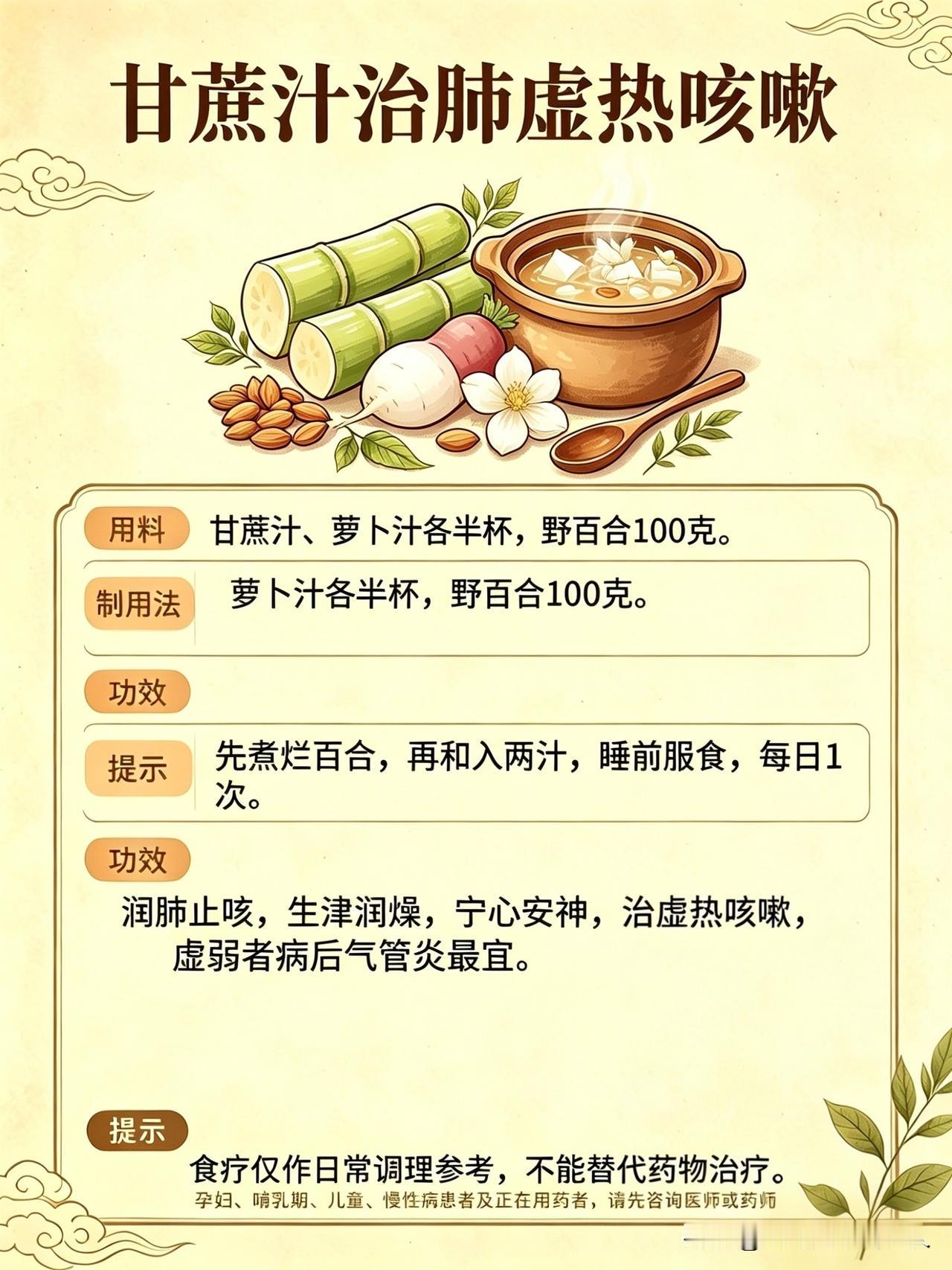 甘蔗汁治肺虚热咳嗽
用料:甘蔗汁、萝卜汁各半杯，野百合
100克。
制用法:先煮
