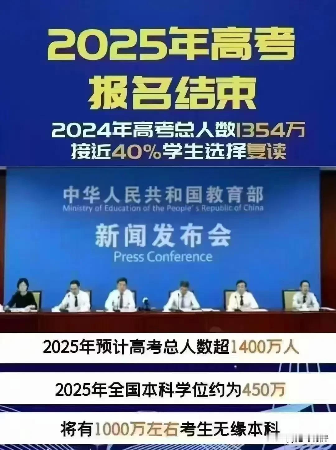 来自各媒体的消息，2025预计总高考人数超1400万，本科学位约450万，这意味