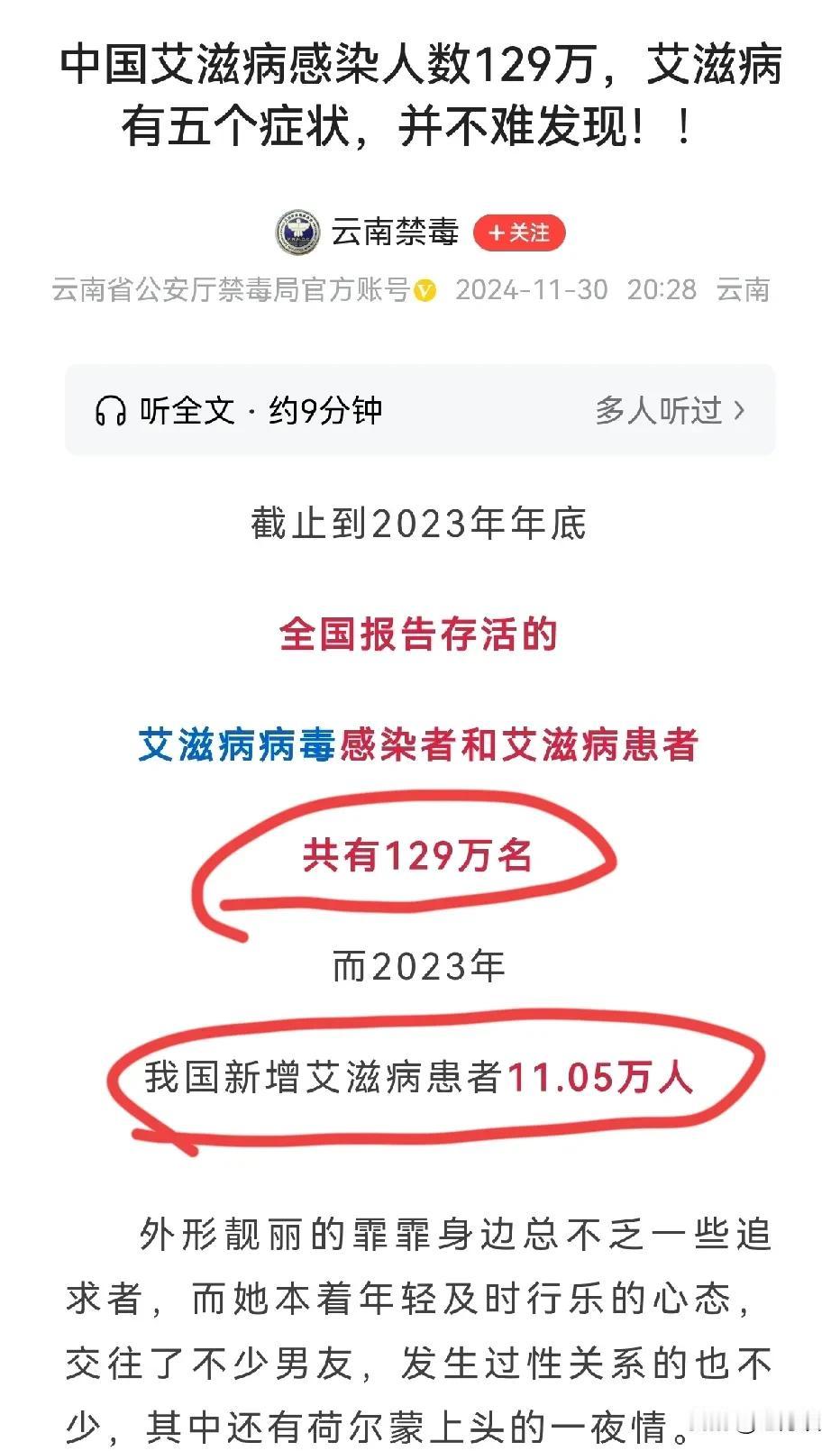 挺可怕的，截止到2023年底，我国报告存活的艾滋病患者高达129万名，2023年