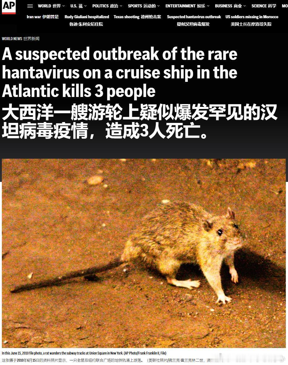 AP：大西洋一艘邮轮疑似暴发罕见汉坦病毒疫情，已致3人死亡---南非开普敦消息—