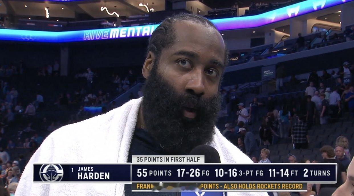 哈登对黄蜂拿下55分，刷新快船队史个人单场得分新高，也是NBA历史上拿到55+第