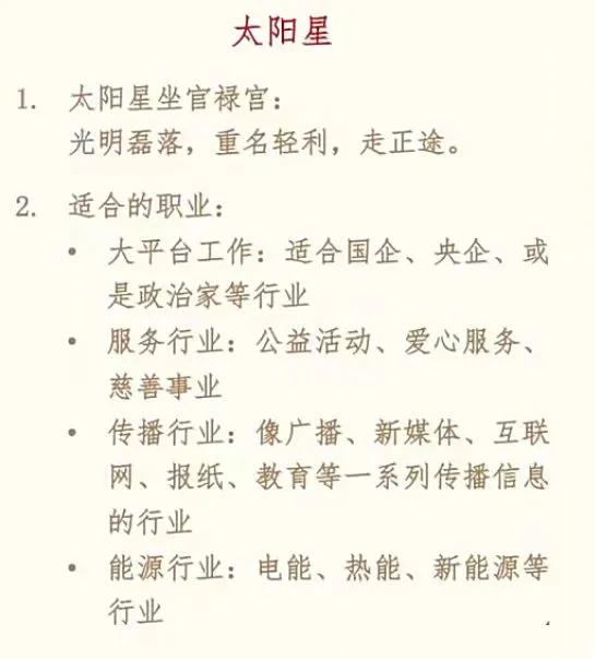太阳坐官禄宫适合的职业参考，重名轻利，服务，公益性质的，能源，传播，感觉都挺贴合