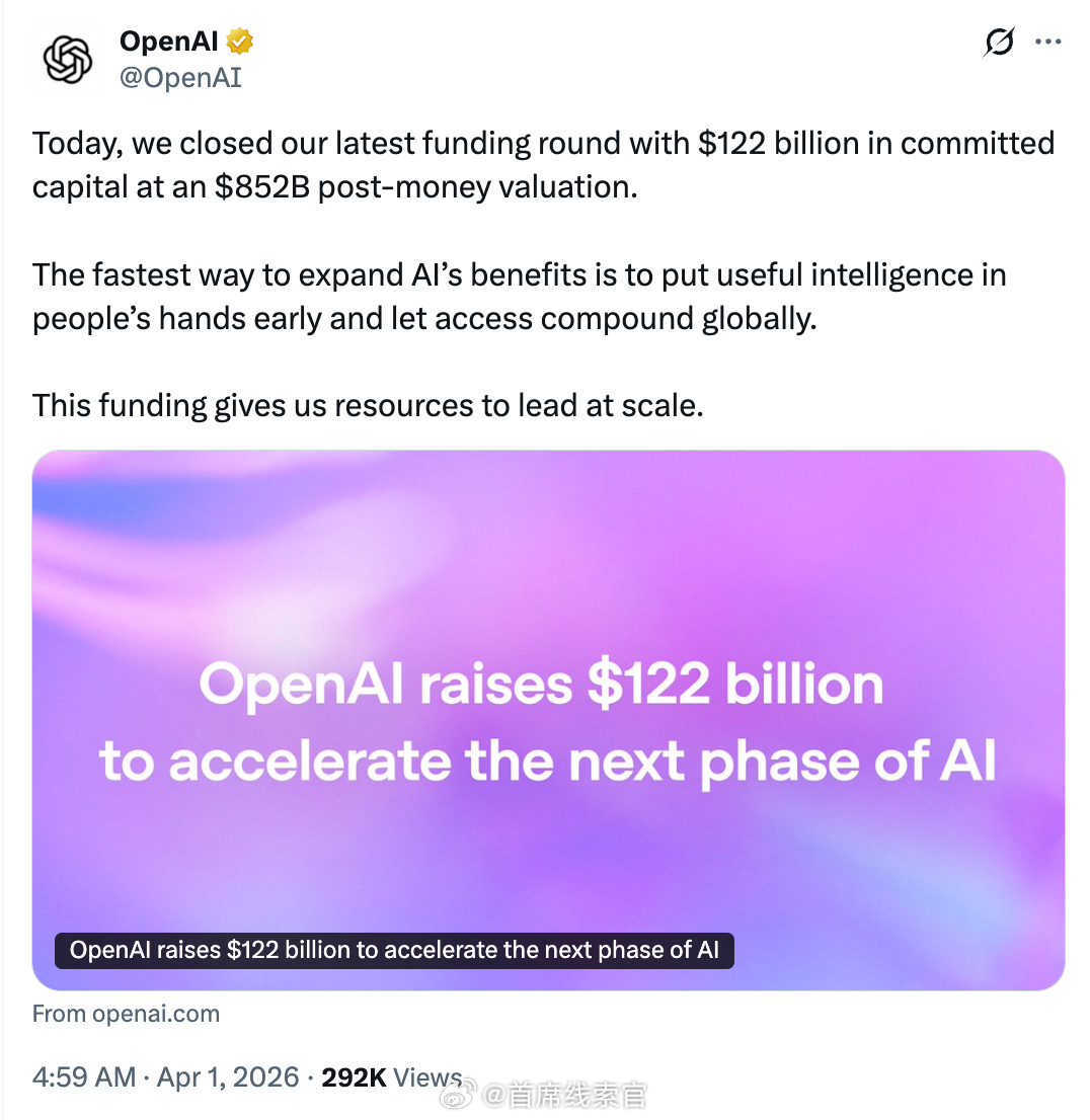openai完成1220亿美元融资今早，OpenAI 宣布完成了最新一轮融资，募