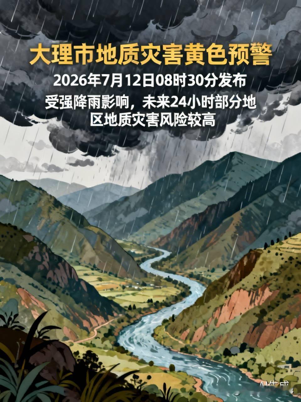 看到大理市发布的地质灾害黄色预警，心里一紧。2026年7月12日08时30分发的