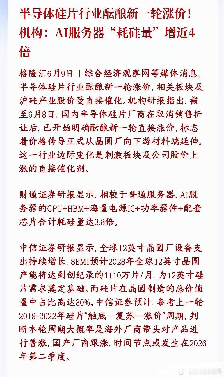 又是科技股的利好消息，半导体行业酝酿新一轮涨价，明天科技股稳了硅片是做芯片的“硅