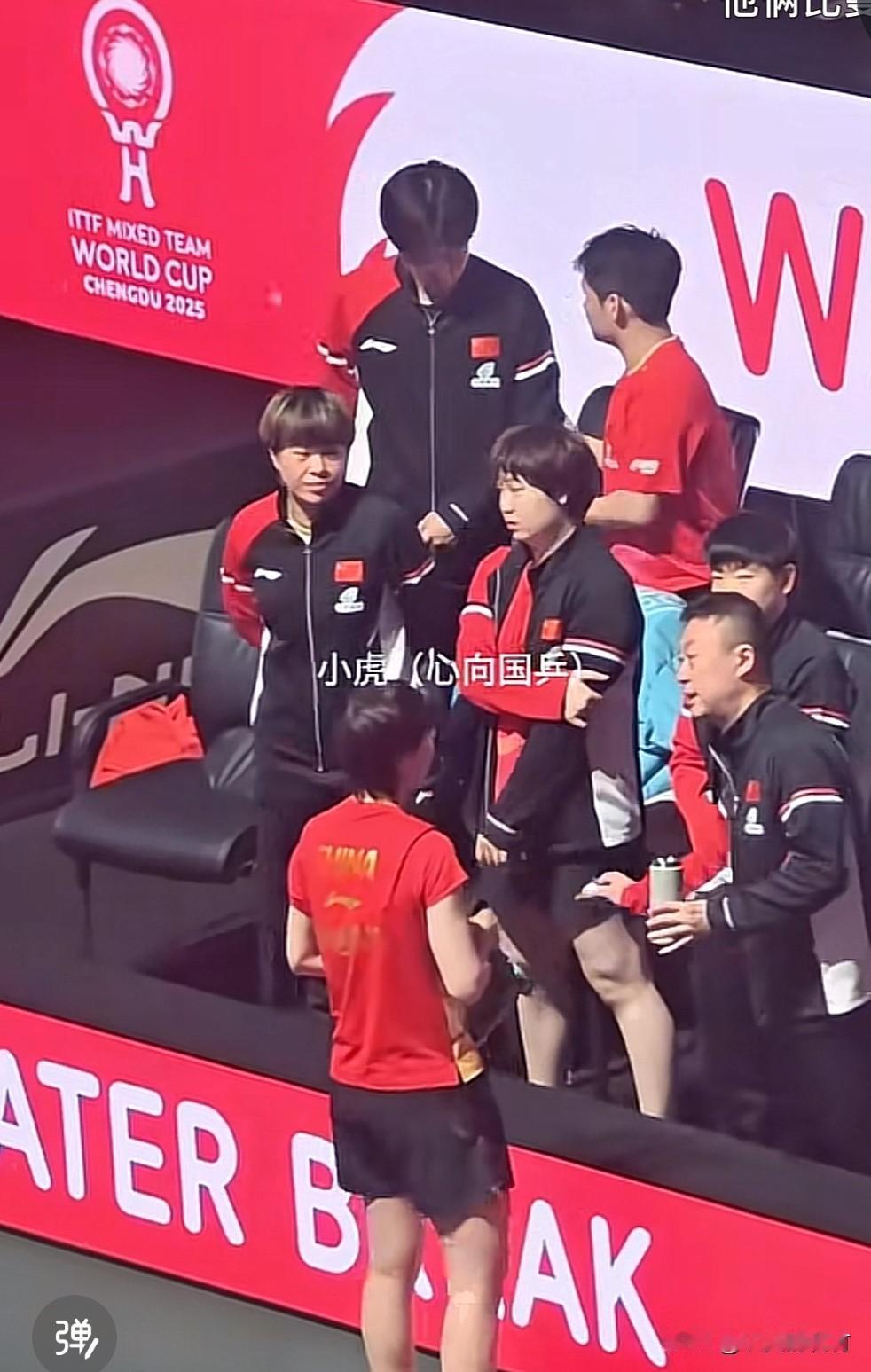 王曼昱在比赛王楚钦林诗栋互动
王楚钦林诗栋站在后面。小石头捏着大头的左胳膊在摇晃