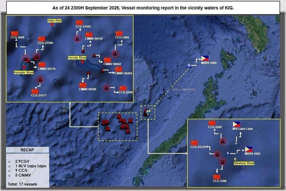 三艘054A扼守菲方主要港口外海，海警船伴随配合，从源头掌握对方舰艇的出航动态，