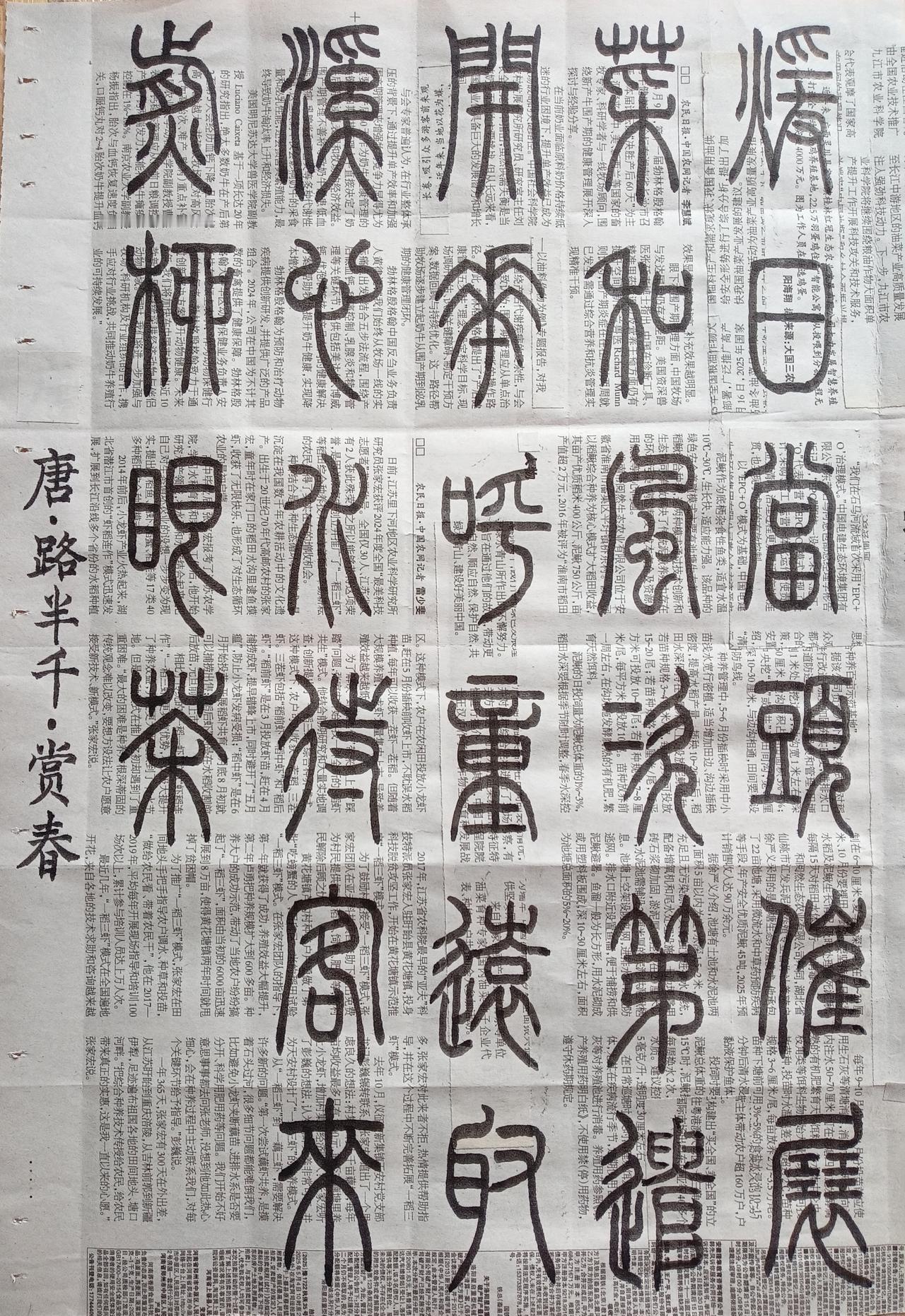 书法练习打卡，篆书唐朝路半千诗，“赏春”。诗曰：暖日当头催展菜，和风次第遣开花。