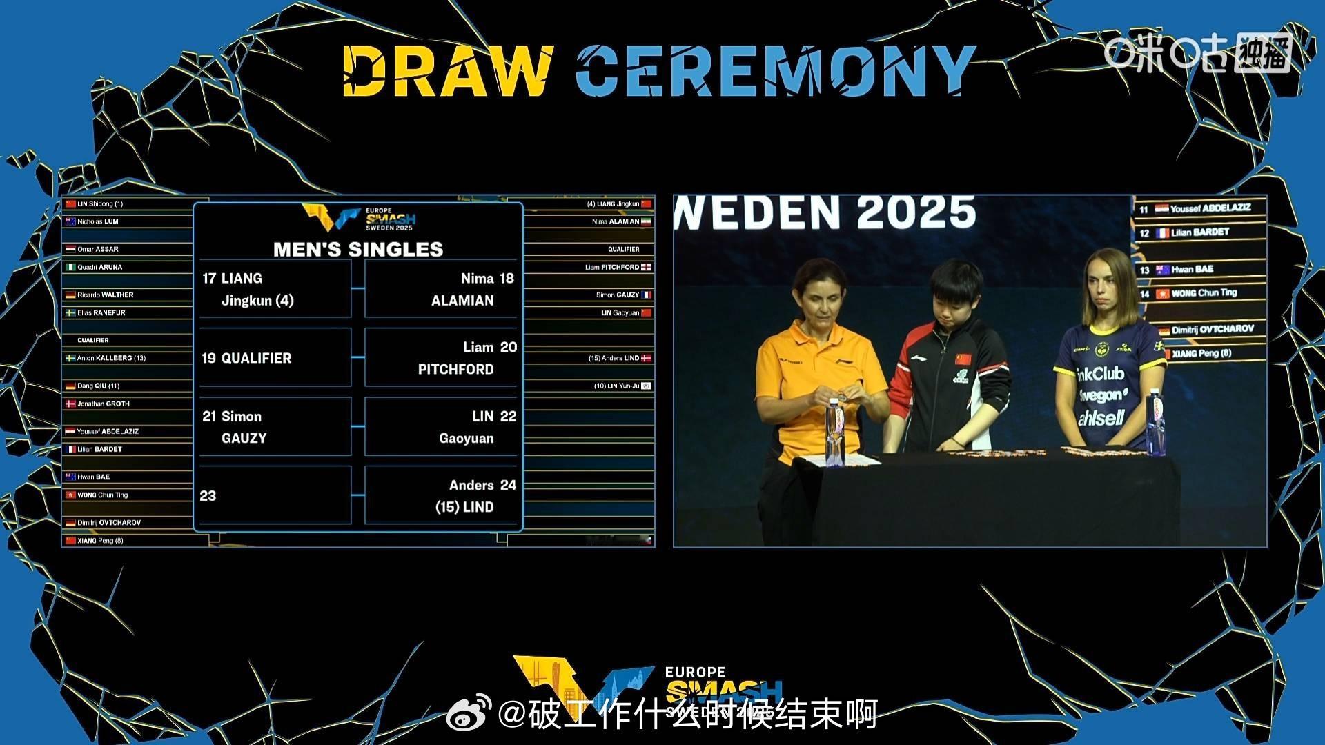 📢梁靖崑首轮对阵阿拉米安📍【2025年WTT大满贯瑞典站】抽签仪式🏓男单首