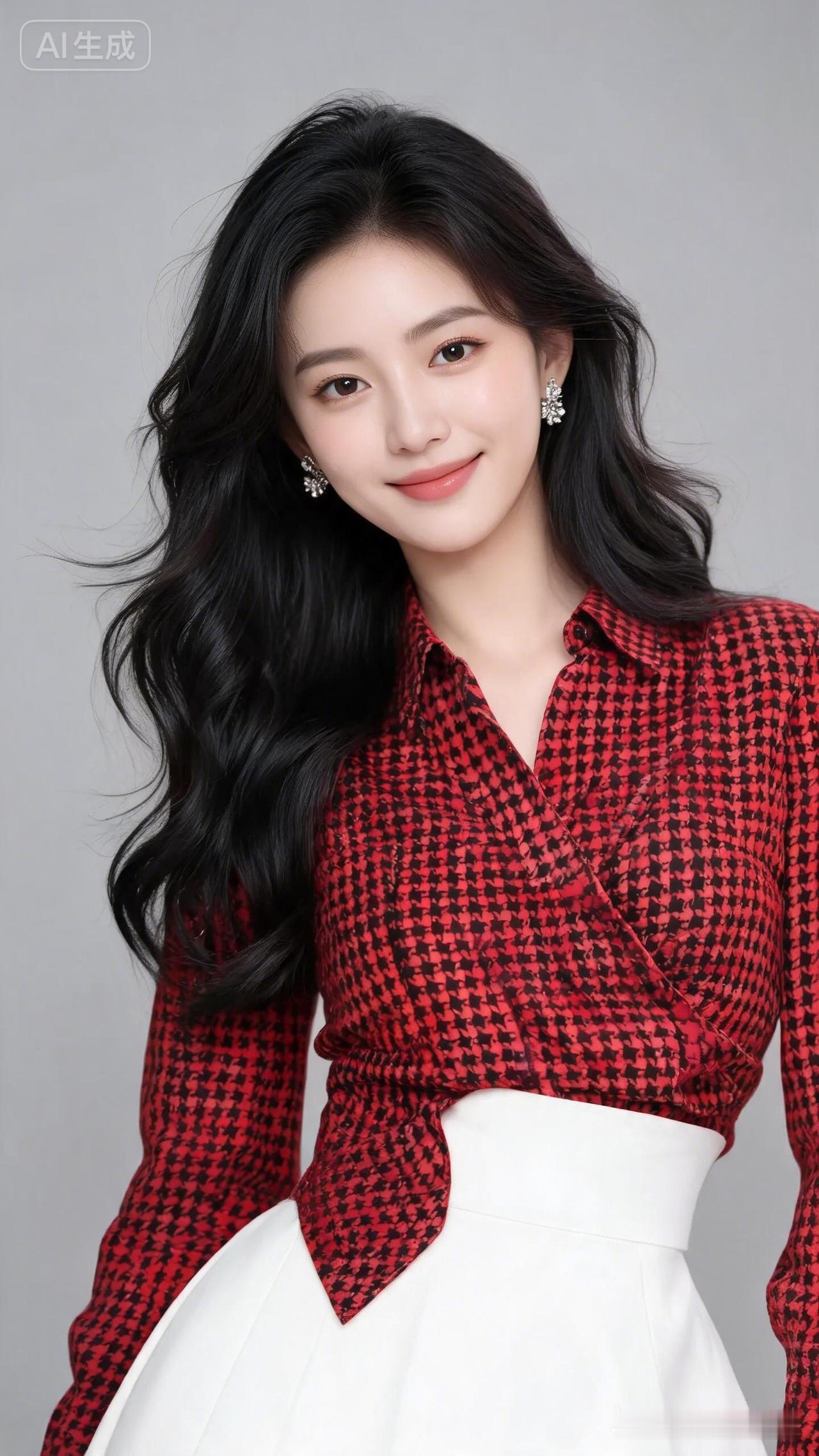 东方气质美人，黑棕大波浪发丝轻盈，面容精致温柔浅笑。身着宝石红千鸟格不规则衬衫配