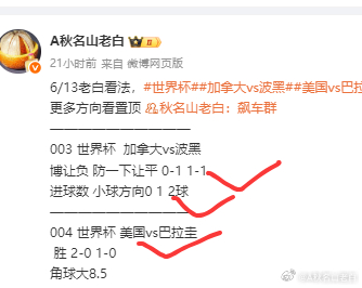 老白昨晚2场世界杯精准命中！加拿大vs波黑美国vs巴拉圭 更是加拿大的比分1-1