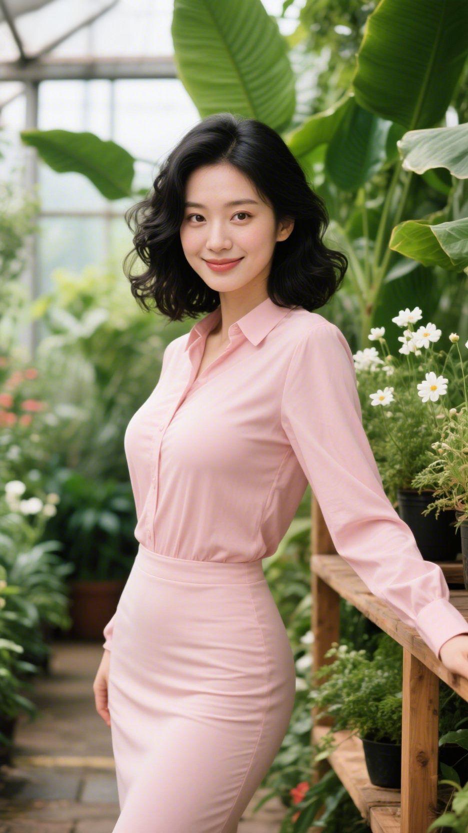 《暖棚粉衫柔》
 
温室里的风裹着叶香漫开，粉衫沾了满襟的软，像揉碎的春光轻落一