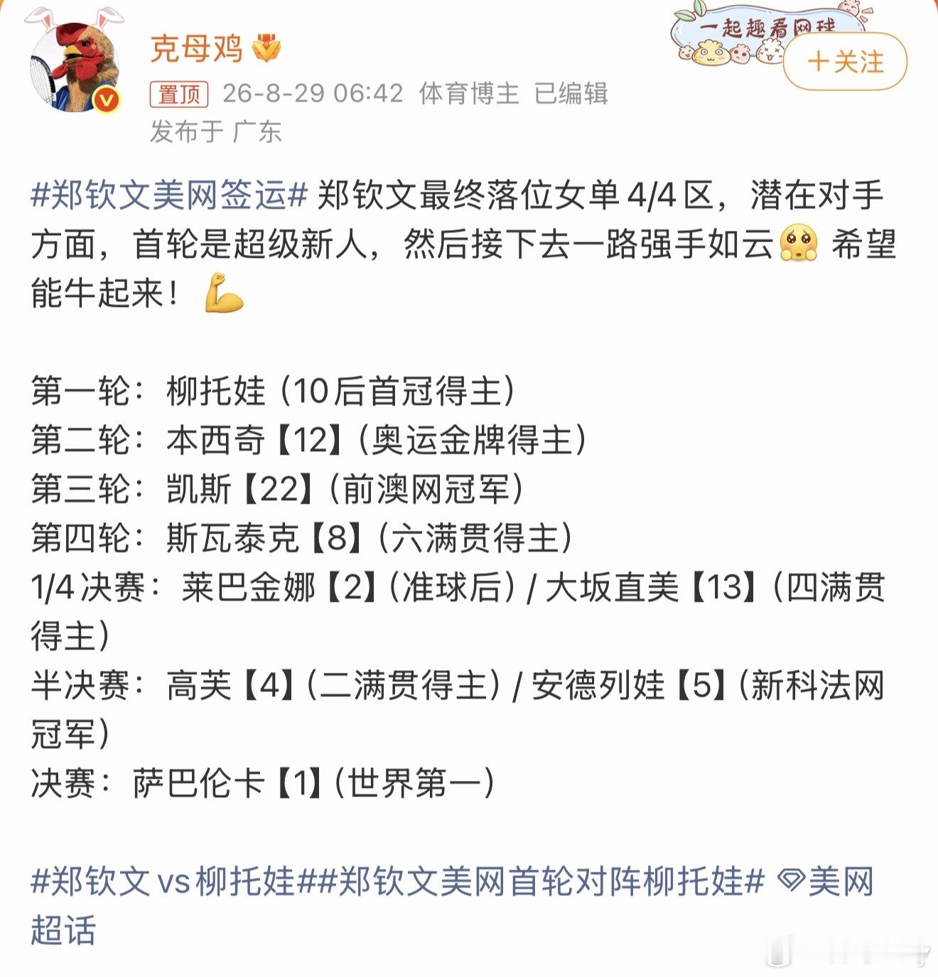郑钦文美网签运受伤后状态不佳，现在每轮都要拼尽全力。这要搁以前第四轮才算是真正的