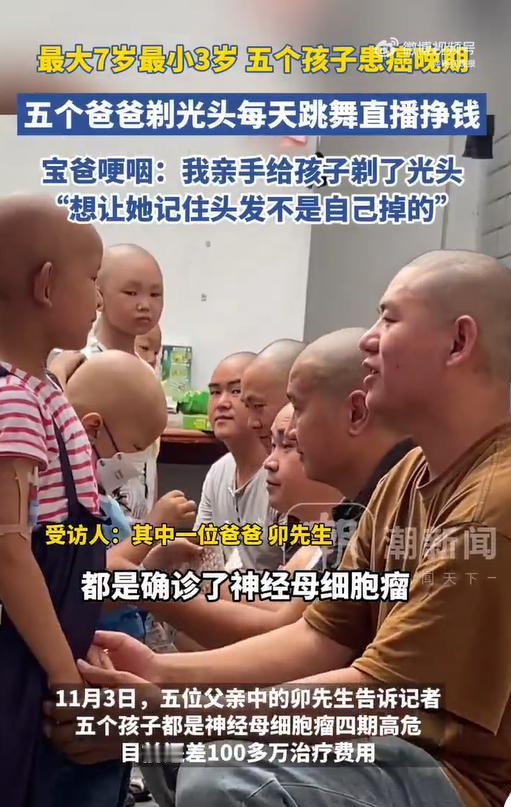11月3日，据钱江晚报报道，五位患癌儿童的父亲，为筹集百万治疗费用，剃光头、穿裙