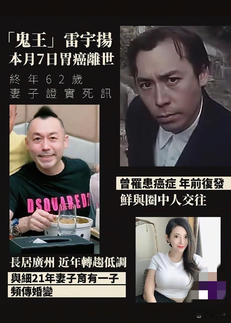 “鬼王”雷宇扬胃癌离世，终年62岁，妻子证实死讯
 
香港艺人雷宇扬被证实于本月