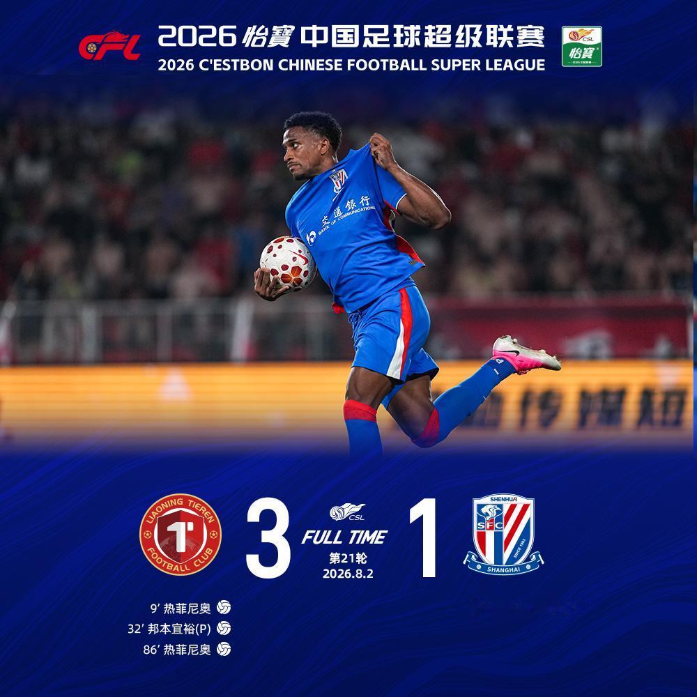 北京时间8月2日19:35，2026怡宝中超联赛第21轮上海申花客场对阵辽宁铁人